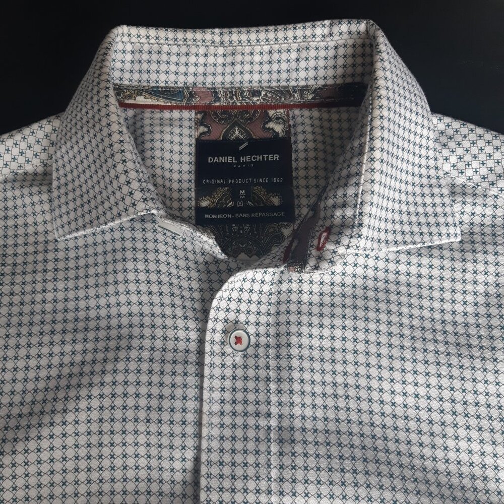 Daniel Hechter Paris SZ M 100% Cotton Green Teal Pattern Men's Button Up Shirt